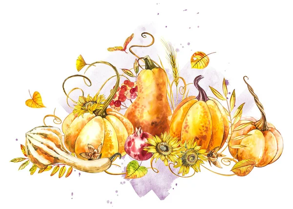 Pumpor sammansättning. Hand dras akvarellmålning på vit bakgrund. Akvarell illustration med ett plask. Happy Thanksgiving Pumpkin. — Stockfoto