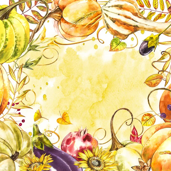 Podzimní listí a dýně rámec ohraničení prostoru textem na bílém pozadí. Sezónní květinové dub javor oranžové listy s tykví pro svátek Díkůvzdání, sklizeň dekorace akvarel design. — Stock fotografie