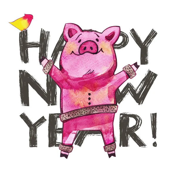 Милий порося з творчим 2019 новий рік написи. Символ року за китайським календарем. Ізольовані. Акварель ілюстрація. — стокове фото
