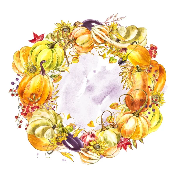 Őszi levelek és tök koszorú hely szöveg fehér háttéren. Szezonális virág tölgy juharfa narancssárga tök hagy a Hálaadás ünnep, betakarítás dekoráció akvarell design. — Stock Fotó