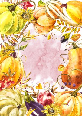 Sonbahar yaprakları ve kabaklar sınır çerçeve beyaz arka plan üzerinde alan metin ile. Mevsimlik çiçek akça meşe ağaç turuncu su kabakları ile Şükran günü tatili, sulu boya dekorasyon hasat için bırakır..