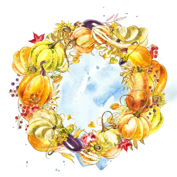 Sonbahar yaprakları ve kabaklar çelenk ile beyaz arka plan üzerinde alan metin. Mevsimlik çiçek akça meşe ağaç turuncu su kabakları ile Şükran günü tatili, sulu boya dekorasyon hasat için bırakır.. — Stok fotoğraf