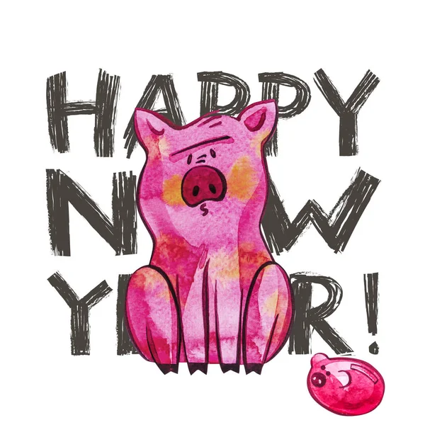 Lindo cerdo con letras creativas de Año Nuevo 2019. Símbolo del año en el calendario chino. Aislado. Ilustración en acuarela . — Foto de Stock