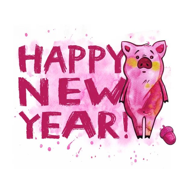 Творческая открытка на Новый 2019 год с милым пигом. Шаблон акварели. Символ года в китайском календаре. Акварель. Год желтого пига — стоковое фото