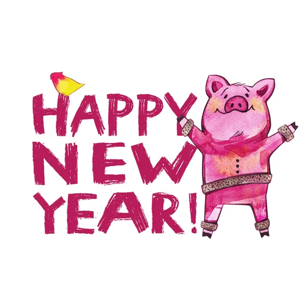 Милий порося з творчим 2019 новий рік написи. Символ року за китайським календарем. Ізольовані. Акварель ілюстрація. — стокове фото