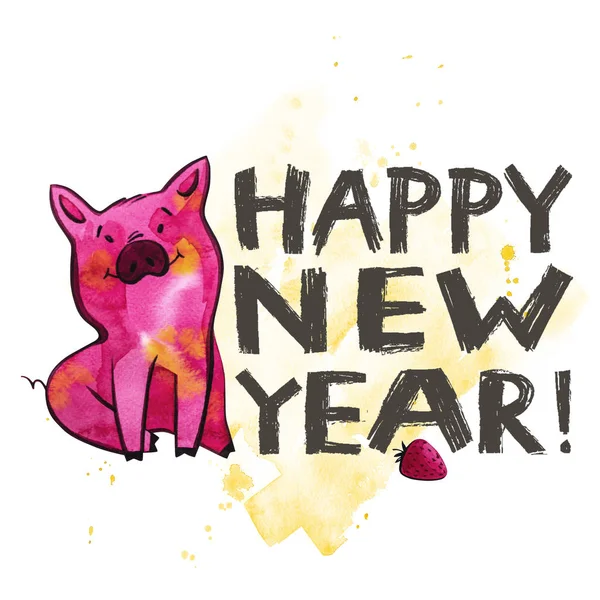 Porco bonito com criativa 2019 Ano Novo lettering. Símbolo do ano no calendário chinês. Isolado. Ilustração aquarela . — Fotografia de Stock