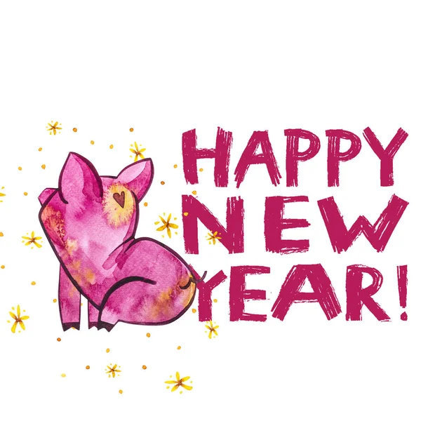 Lindo cerdo con letras creativas de Año Nuevo 2019. Símbolo del año en el calendario chino. Aislado. Ilustración en acuarela . — Foto de Stock