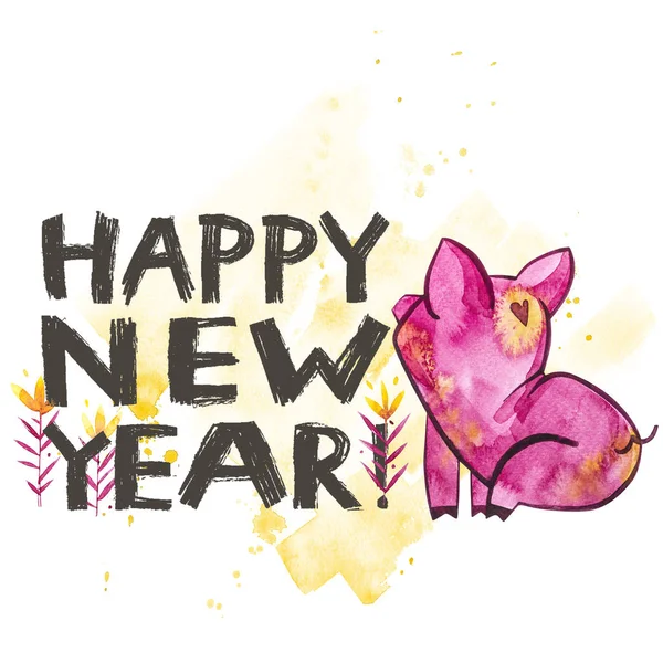Aranyos disznó kreatív 2019 New Year felirat. Szimbólum az év a kínai naptár. Elszigetelt. Akvarell illusztráció. — Stock Fotó