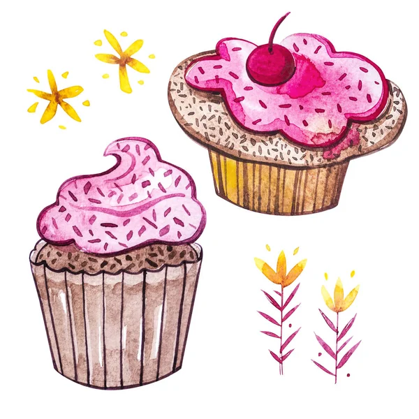 Delizioso e gustoso dessert. Cupcake. Dolce cibo spazzatura. Illustrazione ad acquerello isolato . — Foto Stock