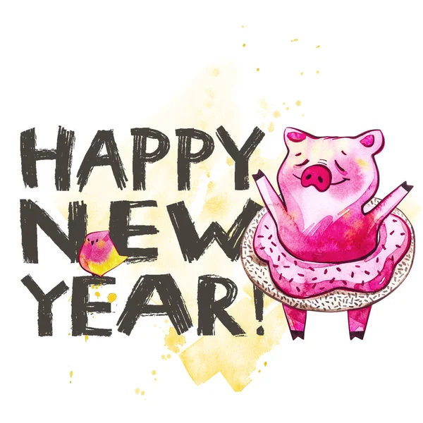 Niedliches Schwein mit kreativem Neujahrsschriftzug 2019. Symbol des Jahres im chinesischen Kalender. Aquarell-Illustration für Postkarte. — Stockfoto