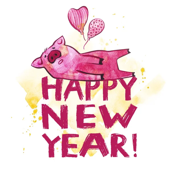 Lindo cerdo con letras creativas de Año Nuevo 2019. Símbolo del año en el calendario chino. Ilustración de acuarela para postal . — Foto de Stock