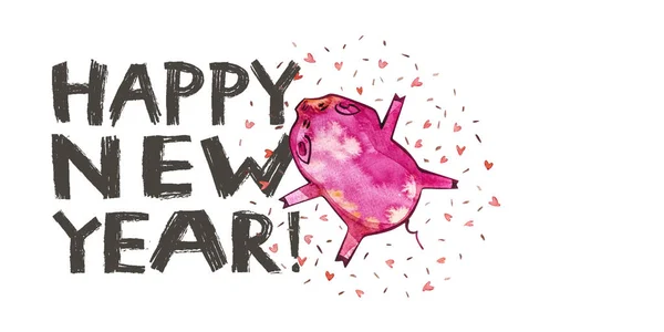 Carino maiale con lettering creativo di Capodanno 2019. Simbolo dell'anno nel calendario cinese. Illustrazione ad acquerello per cartolina formato orizzontale . — Foto Stock