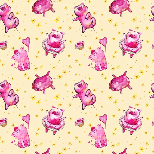 Wzór ładny świnia. Symbol roku w chińskim kalendarzu. Akwarela ilustracja Tapety. — Zdjęcie stockowe