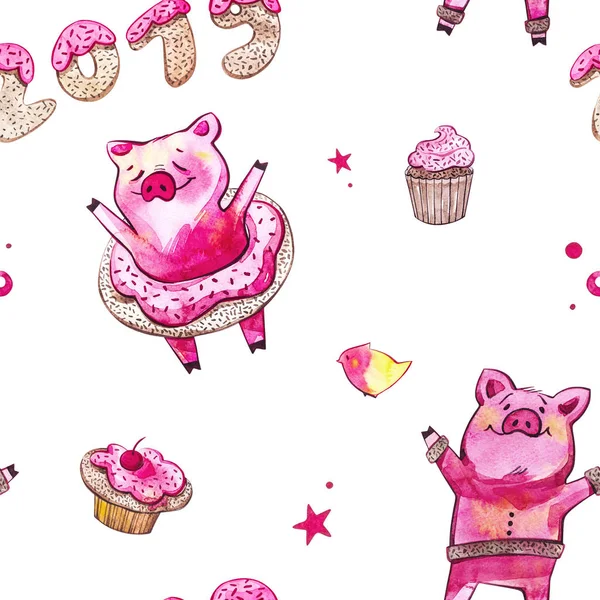 Cute pig seamless pattern. Symbol of the year in the Chinese calendar. Watercolor illustration for wallpaper. — Stock Photo, Image