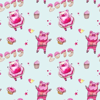 Sevimli domuz seamless modeli. Çince takvim yılında sembolü. Suluboya resmi duvar kağıdı için.