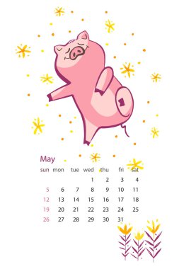 Aylık yaratıcı takvim 2019 ile şirin domuz. Kavramı, vektör dikey düzenlenebilir bir şablona. Çince takvim yılında sembolü. Vektör çizim.