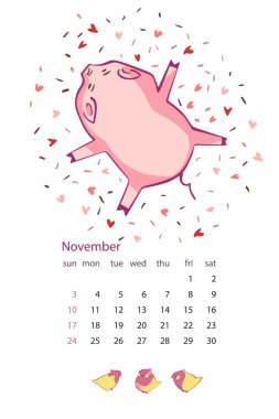 Aylık yaratıcı takvim 2019 ile şirin domuz. Kavramı, vektör dikey düzenlenebilir bir şablona. Çince takvim yılında sembolü. Vektör çizim.