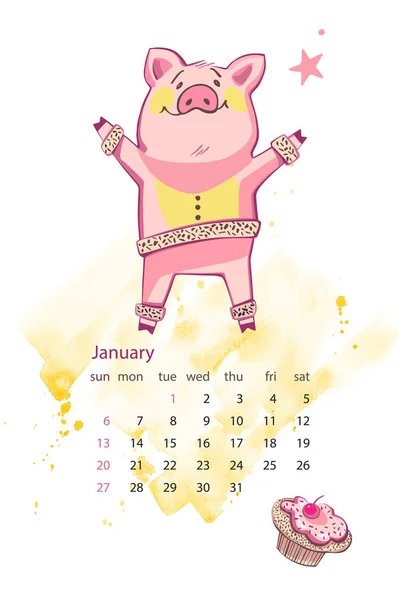 Calendario creativo mensual 2019 con cerdo lindo. Concepto, vector vertical plantilla editable. Símbolo del año en el calendario chino. Ilustración vectorial . — Vector de stock