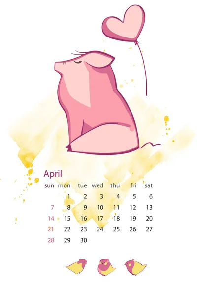Månatliga kreativa kalender 2019 med söt gris. Koncept, vektor vertikala redigerbara mall. Symbol för året i den kinesiska kalendern. Vektorillustration. — Stock vektor