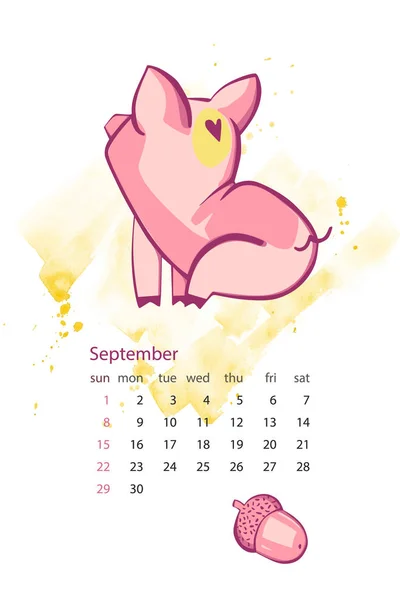 Månatliga kreativa kalender 2019 med söt gris. Koncept, vektor vertikala redigerbara mall. Symbol för året i den kinesiska kalendern. Vektorillustration. — Stock vektor