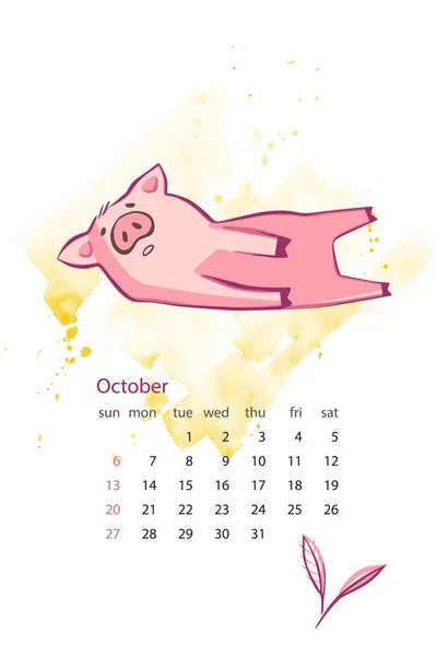 Calendario creativo mensual 2019 con cerdo lindo. Concepto, vector vertical plantilla editable. Símbolo del año en el calendario chino. Ilustración vectorial . — Vector de stock