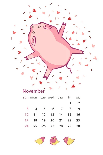 Calendrier créatif mensuel 2019 avec cochon mignon. Concept, modèle modifiable vertical vectoriel. Le symbole de l'année dans le calendrier chinois. Illustration vectorielle . — Image vectorielle