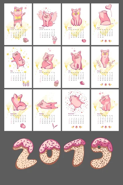 Calendario creativo mensual 2019 con cerdo lindo. Concepto, vector vertical plantilla editable. Símbolo del año en el calendario chino. Ilustración vectorial . — Vector de stock