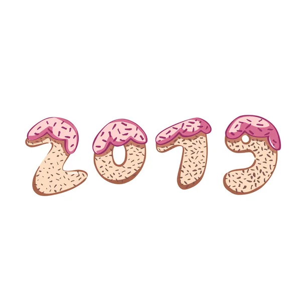短语创意2019年新年字母。甜蜜的蛋糕符号。明信片的向量例证. — 图库矢量图片