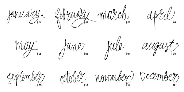 12 月、1 月、2 月、3 月、数ヶ月の手書き名前 4、5、6 月、7 月、8 月 9 月 10 月 11 月書道カレンダーと主催者の言葉。ベクトル イラスト. — ストックベクタ