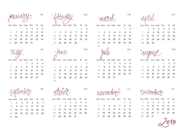 Шаблон Календаря Установлен 2019 Год Одном Векторном Файле Элемент Дизайна — стоковый вектор