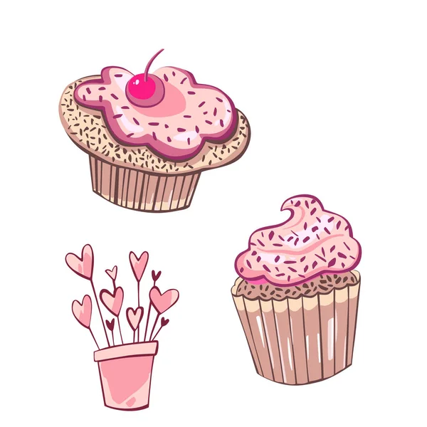 Lekker heerlijk dessert. Cupcakes. Zoete junkfood. Geïsoleerde vectorillustratie. — Stockvector