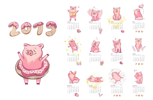 Calendario creativo mensual 2019 con cerdo lindo. Concepto, vector vertical plantilla editable. Símbolo del año en el calendario chino. Ilustración vectorial . — Vector de stock