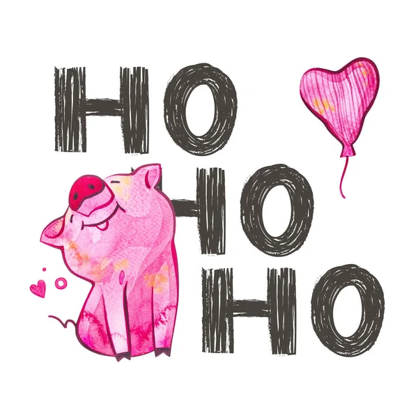Ładny świnia z kreatywnych literowanie nowy rok 2019. Symbol roku w chińskim kalendarzu. Akwarela ilustracja dla pocztówka. — Zdjęcie stockowe