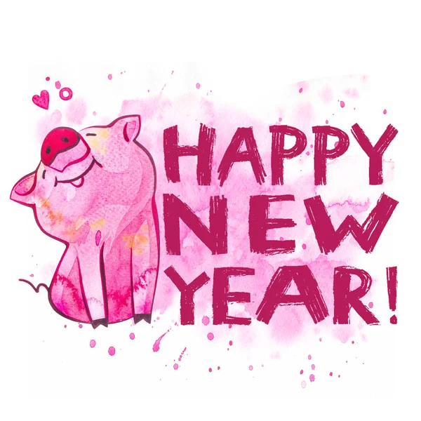 Lindo cerdo con letras creativas de Año Nuevo 2019. Símbolo del año en el calendario chino. Ilustración de acuarela para postal . — Foto de Stock