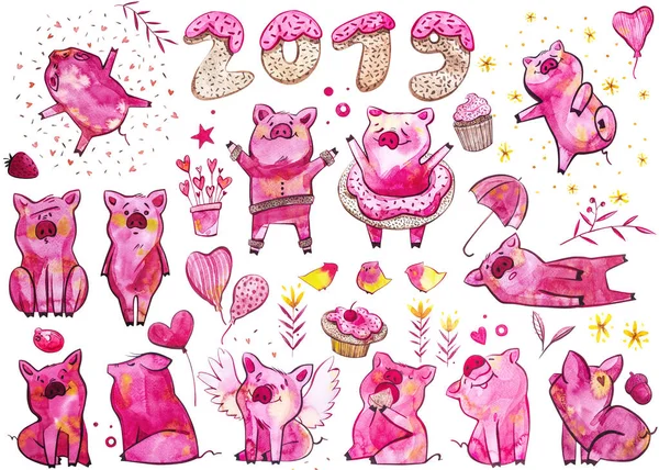 Söta gris med kreativa 2019 nyår bokstäver. Symbol för året i den kinesiska kalendern. Akvarell illustration för vykort. — Stockfoto
