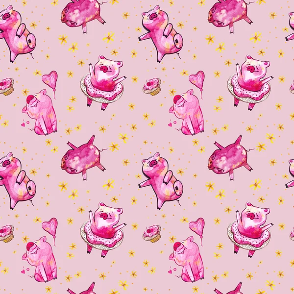 Cute pig seamless pattern. Symbol of the year in the Chinese calendar. Watercolor illustration for wallpaper. — Stock Photo, Image