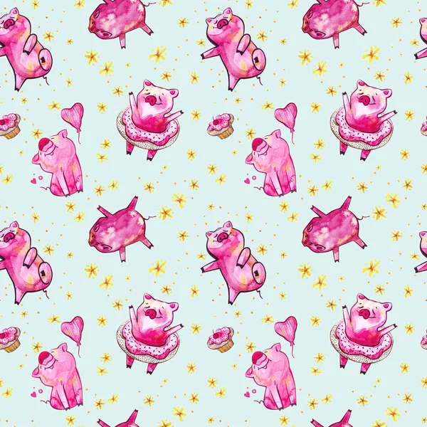 Niedliche Schwein nahtlose Muster. Symbol des Jahres im chinesischen Kalender. Aquarell-Illustration für Tapete. — Stockfoto