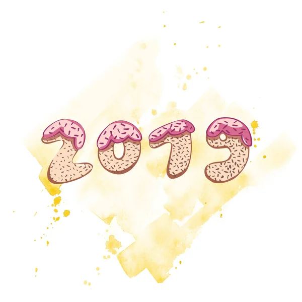 Fras kreativa 2019 nyår bokstäver. Söta cake symbol. Vektorillustration för vykort. — Stock vektor
