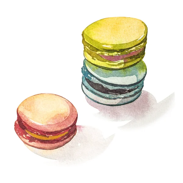 손의 수채화 그림 그려진 화려한 macarons — 스톡 사진