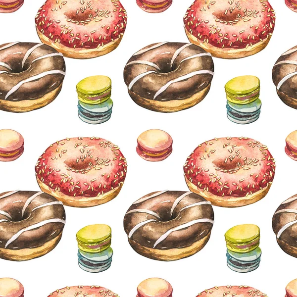 Donut acuarela ilustraciones aisladas sobre fondo blanco. Patrón sin costuras con rosquillas de colores con esmalte y salpicaduras . — Foto de Stock