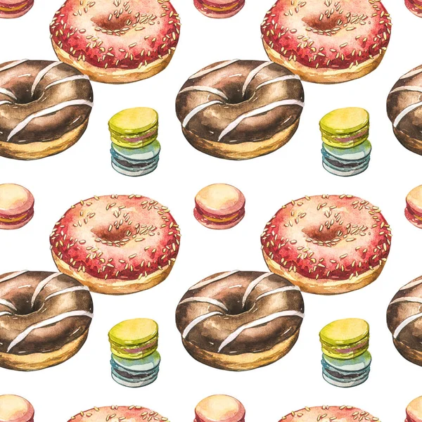 Donut watercolor illustrations isolated on white background. Seamless pattern with colorful donuts with glaze and sprinkles.