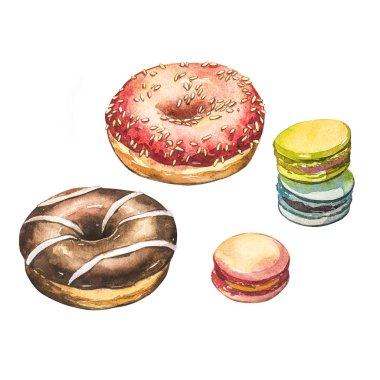 Çörek beyaz arka plan üzerinde izole macarons suluboya resimler.