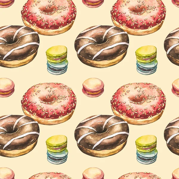 Donut acuarela ilustraciones aisladas sobre fondo blanco. Patrón sin costuras con rosquillas de colores con esmalte y salpicaduras . — Foto de Stock