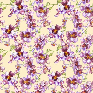 Suluboya dal orkide, elle çizilmiş çiçek Dikişsiz desen arka plan. Flora suluboya resim, botanik boyama, el çizimi.