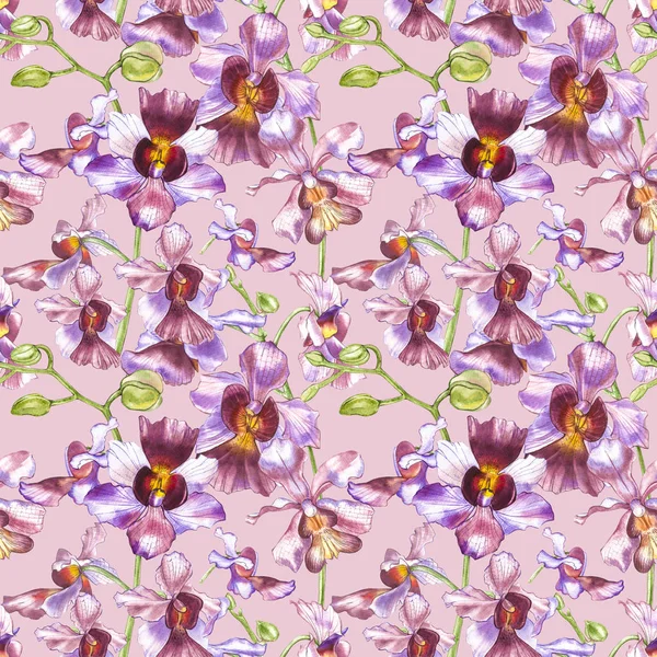 Ramo de orquídea aquarela, desenhado à mão floral sem costura fundo padrão. Flora aquarela ilustração, pintura botânica, desenho à mão . — Fotografia de Stock