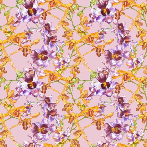 Acquerello ramo orchidea, disegnato a mano floreale senza cuciture modello di sfondo. Acquerello di flora illustrazione, pittura botanica, disegno a mano . — Foto Stock