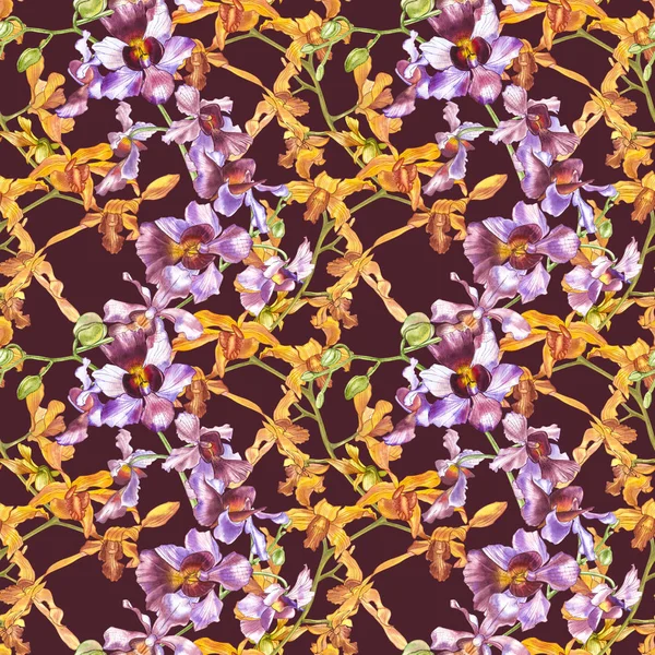 Akvarell orchid filial, handritad sömlös blommönster bakgrund. Flora akvarell illustration, botaniska målning, hand ritning. — Stockfoto