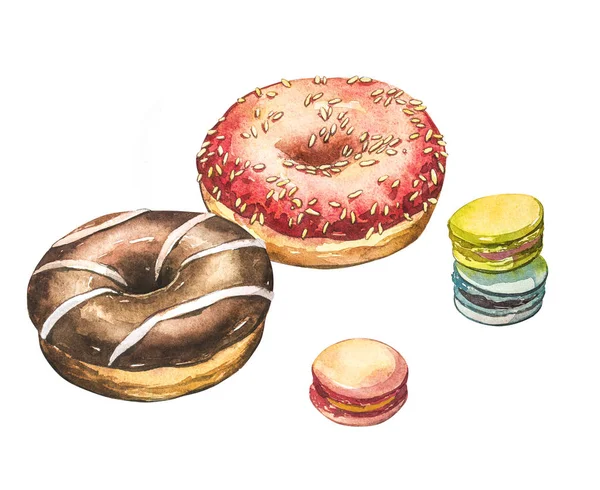 Donut con macarons ilustraciones de acuarela aisladas sobre fondo blanco . — Foto de Stock