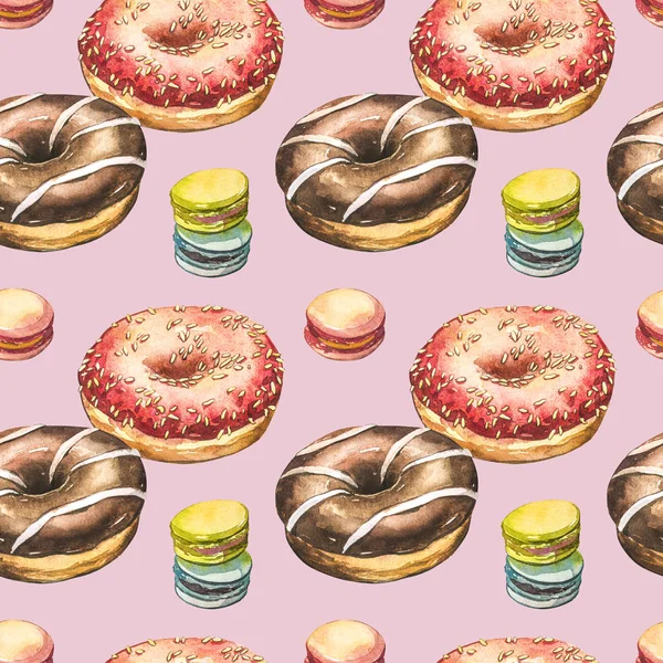 Donut watercolor illustrations isolated on white background. Seamless pattern with colorful donuts with glaze and sprinkles