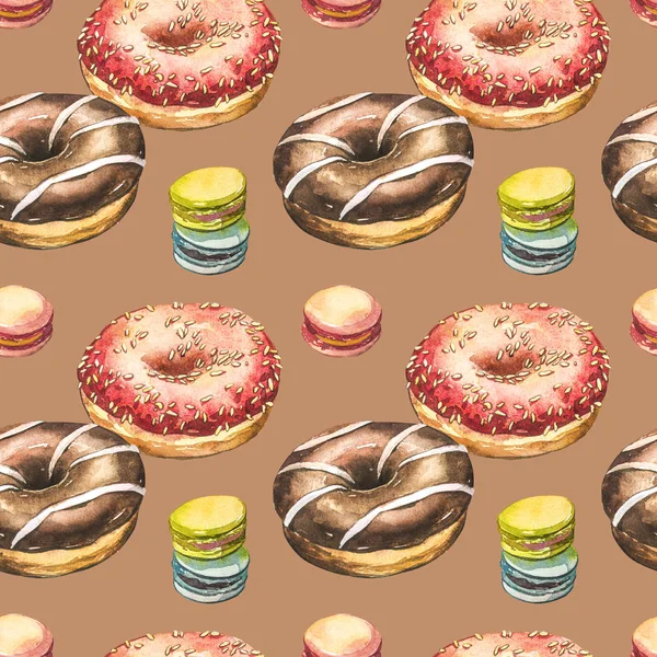 Donut acuarela ilustraciones aisladas sobre fondo blanco. Patrón sin costuras con rosquillas de colores con esmalte y salpicaduras . — Foto de Stock